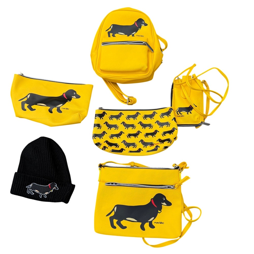 Marc Tetro Dachshund Weiner Dog Lot 6 Piece Bags Backpack Beanie Yellow Set